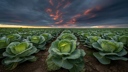 Dramatic Sunset over a Field of Dew-Kissed Cabbages
