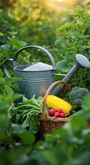 Garden vegetables and watering can