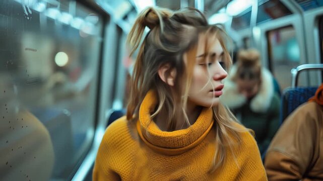 Young woman in mustard yellow turtleneck sweater riding subway train, looking thoughtfully out window during commute and deboarding from train at her station