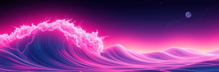 Vibrant neon pink glowing ocean waves crashing under a dark purple alien sky