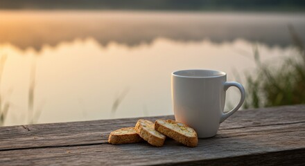 Coffee and biscotti by the lake at dawn