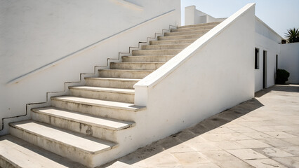 Outdoor white concrete staircase with minimalist architectural design illuminated by bright sunlight symbolizing progress, growth, steps of success and modern urban construction background