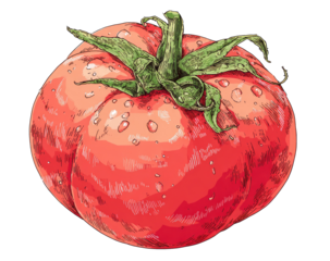 Close-up of a single, ripe tomato.  Detailed illustration of a plump, red tomato with water droplets and green stem.  Hand-drawn style with textured skin and leaves