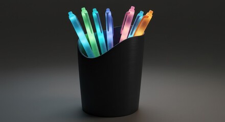 Colorful pens in a dark holder