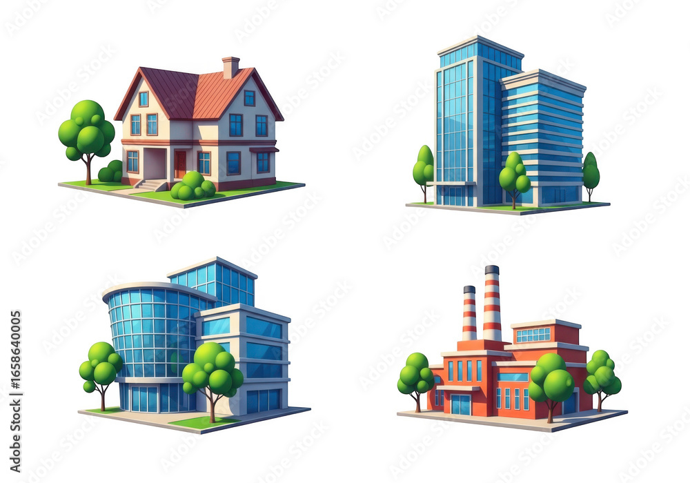 Poster 3d collection of diverse buildings isolated on transparent background for architectural visualizatio