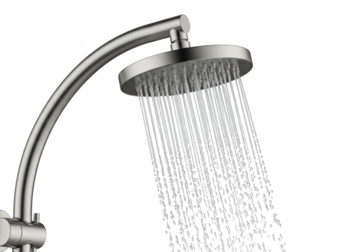 Modern chrome shower head with flowing water isolated on transparent background