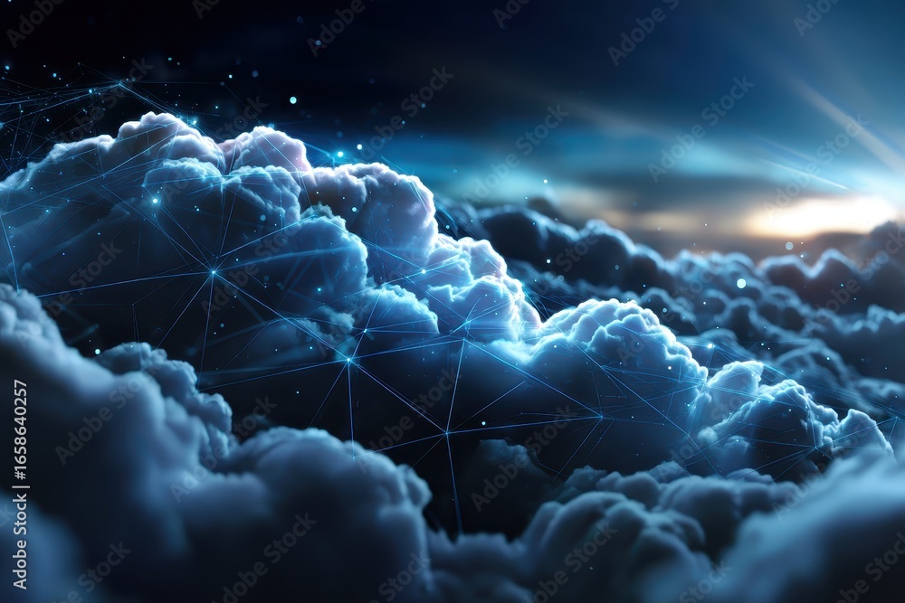 Poster exploring abstract cloud computing concepts with digital connections and illuminated clouds against 