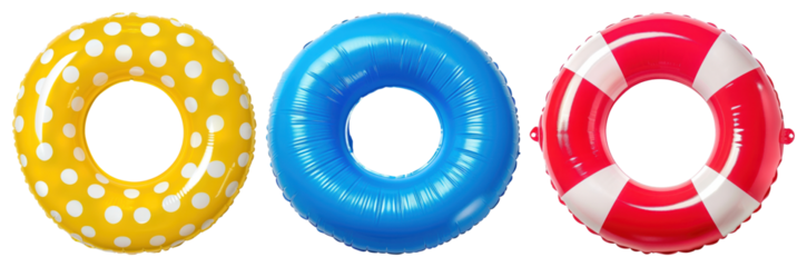 PNG Colorful inflatable pool rings, element set on transparent background