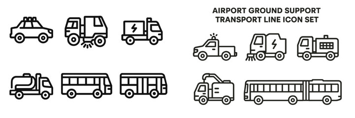 Collection of airport ground support transport icons showcasing various service vehicles in a simple line design for easy identification and use