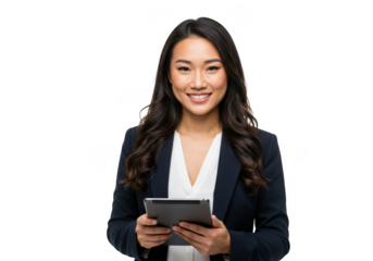 Smiling asian woman holding a tablet isolated on transparent background