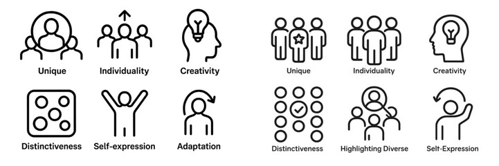 Icons representing concepts of uniqueness, individuality, creativity, and self-expression in a modern design setting