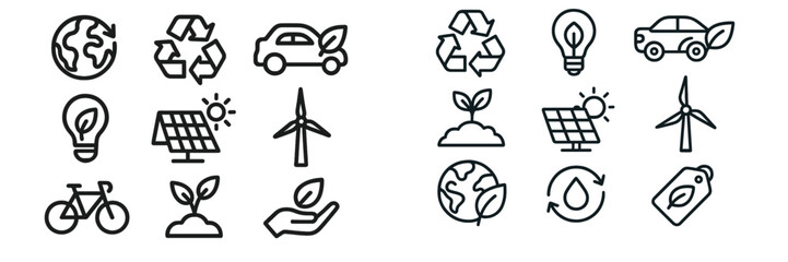Icons illustrating various sustainable practices and eco-friendly technologies for a greener future