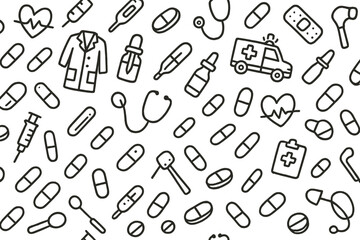 Patterns of medical elements including pills, syringes, and healthcare symbols displayed on a white background