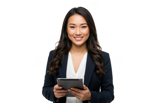 Smiling asian woman holding a tablet isolated on transparent background