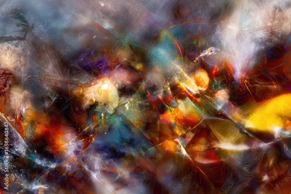 Poster bright abstract artwork featuring vibrant colors and intricate patterns, blending elements to create