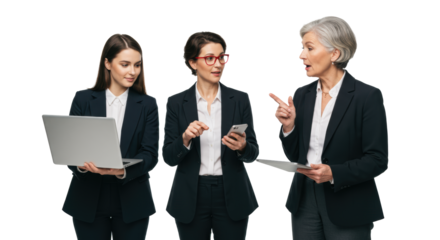 Three diverse multi-generational professional women in smart-casual corporate attire collaborating with tech on a transparent studio background, concept of modern professional collaboration
