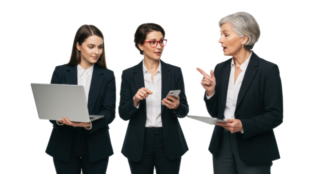 Three diverse multi-generational professional women in smart-casual corporate attire collaborating with tech on a transparent studio background, concept of modern professional collaboration