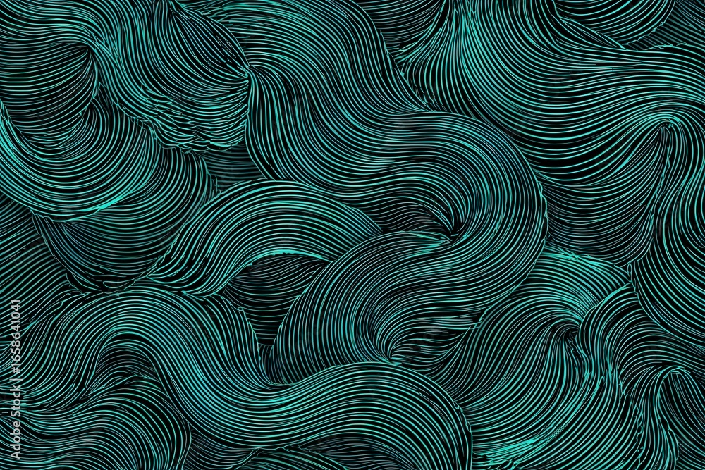 Poster waves seamless pattern created with abstract curve lines in various shades of teal and black