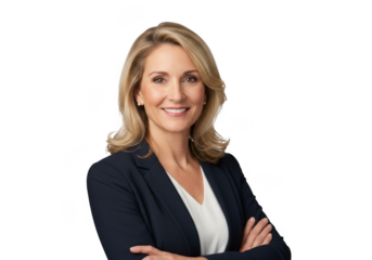 Smiling businesswoman with arms crossed isolated on transparent background