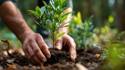 Midrange shot showing a corporate volunteer planting a tree focus on hands handling soil and sapling blurred greenery underscoring environmental stewardship.