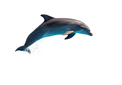 Sleek grey bottlenose dolphin captured mid-leap, arcing upwards with powerful tail and dramatic water splashes, isolated against a transparent background. Concept of breakthrough and peak performance