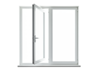 A pristine modern white casement window, slightly ajar, in a high-key transparent studio with infinite copy space, ultra-soft diffused lighting, concept of new beginnings and potential