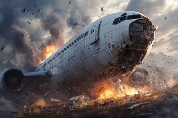 Catastrophic Plane Crash Scene with Fire, Debris, and Intense Smoke Under a Dark Sky, Symbolizing Crisis, Disaster, and Emergency

