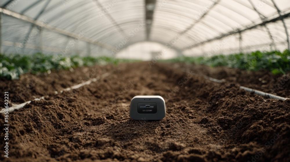 Poster sharp focus on an advanced crop sensor device embedded in soil within a vertical farm while a softly