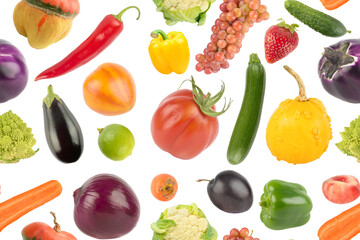 Seamless pattern of bright tasty ripe vegetables, fruits and berries isolated on white