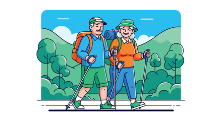 Active senior couple hiking together in nature, carrying backpacks and walking sticks. Elderly lifestyle with outdoor adventure, health, fitness, and joyful retirement activity