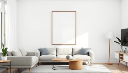 Bright and airy modern living room with comfortable sofa and blank frame for artwork