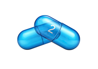 Two vibrant blue capsules, slightly overlapping, showcasing the number 2 on their top