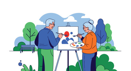 Elderly couple painting together outdoors, enjoying creative art activities in retirement. Senior hobby promoting relaxation, bonding, happiness, and active aging lifestyle