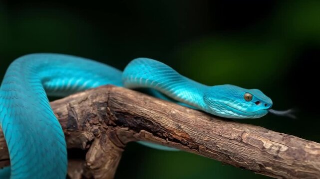 Blue Viper Snake Coiled on Branch, Close-Up View