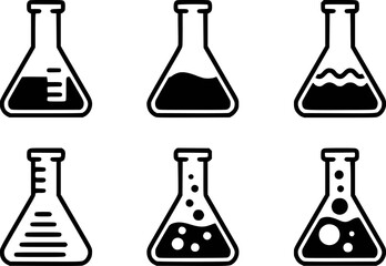 Six laboratory flasks with various liquids and bubbles science chemistry