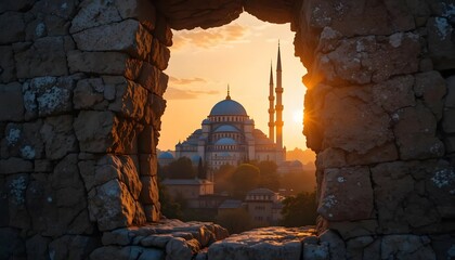Süleymaniye mosque istanbul turkey sunrise view from stone window travel photo