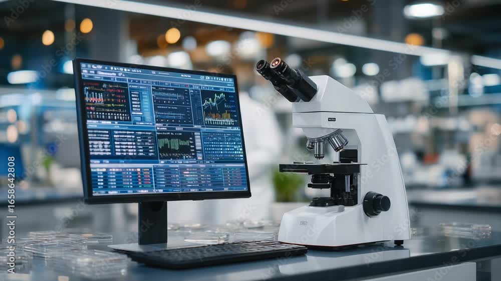Aufkleber high-resolution digital microscope with illuminated lenses and touch-screen interface on a lab bench