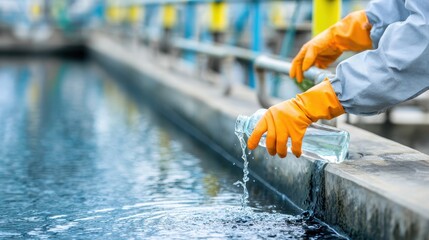 Medium shot of wastewater treatment technician wearing gloves collecting dyestained water from industrial basin with sampling bottle blurred background emphasizes cleanliness