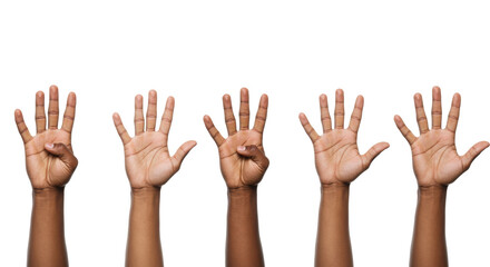 Obraz premium Five distinct human hands, diverse skin tones, well-groomed, sequentially display one to five fingers on a brilliant white studio background, ample copy space. Concept of progress and options
