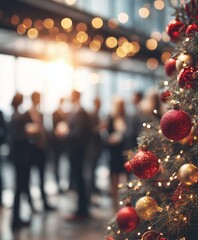 Festive Christmas tree with ornaments and lights, blurred background of people celebrating indoors