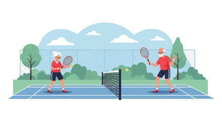 Active elderly couple playing tennis together on outdoor court. Illustration of seniors enjoying sport, fitness, and healthy lifestyle, promoting retirement vitality and wellness