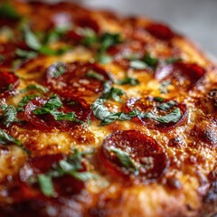 Close up of a delicious pepperoni pizza with fresh basil, a perfect golden crust