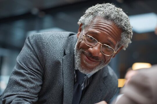 Middle age black businessman in a boardroom meeting clients