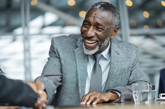 Middle age black businessman in a boardroom meeting clients
