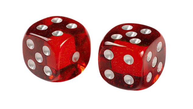 Two translucent, red dice with silver pips