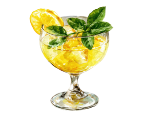 Vibrant yellow drink in a footed glass, garnished with lemon and mint