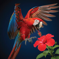 Scarlet Macaw Parrot in Flight with Hibiscus Flower
