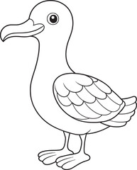 Albatross outline illustration in black and white featuring curved beak and feather details ideal for children’s coloring pages