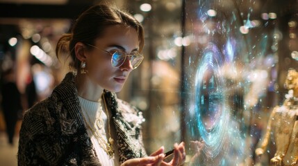 Medium shot of a shopper examining virtual accessories projected by an AI fashion mirror the holographic display crisp and the background noticeably out of focus.