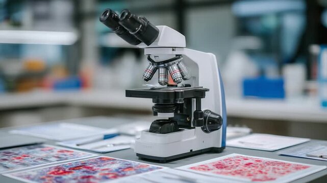 Advanced clinical laboratory microscope featuring a motorized stage and autofocus, capturing vibrant biological samples amidst lab reports and sterile tools.